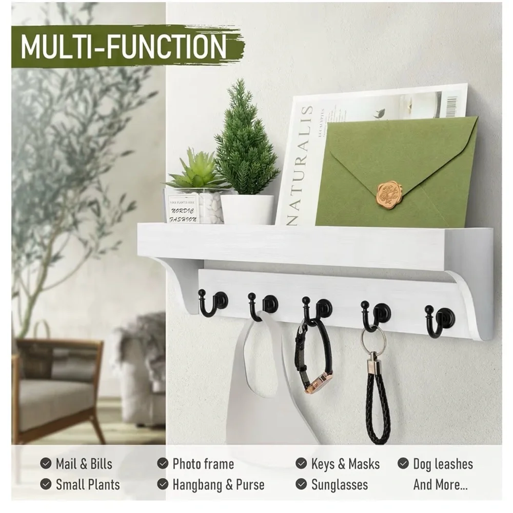 Key and Mail Holder for Wall with Floating Shelf : Decorative Hanging Organizer - Picture 4 of 10